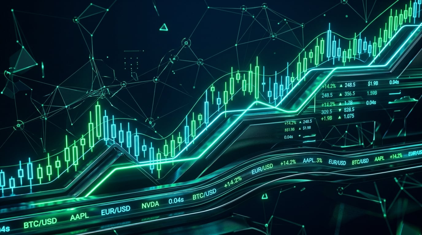 Abstract visualization of AI-driven market data and trading signals